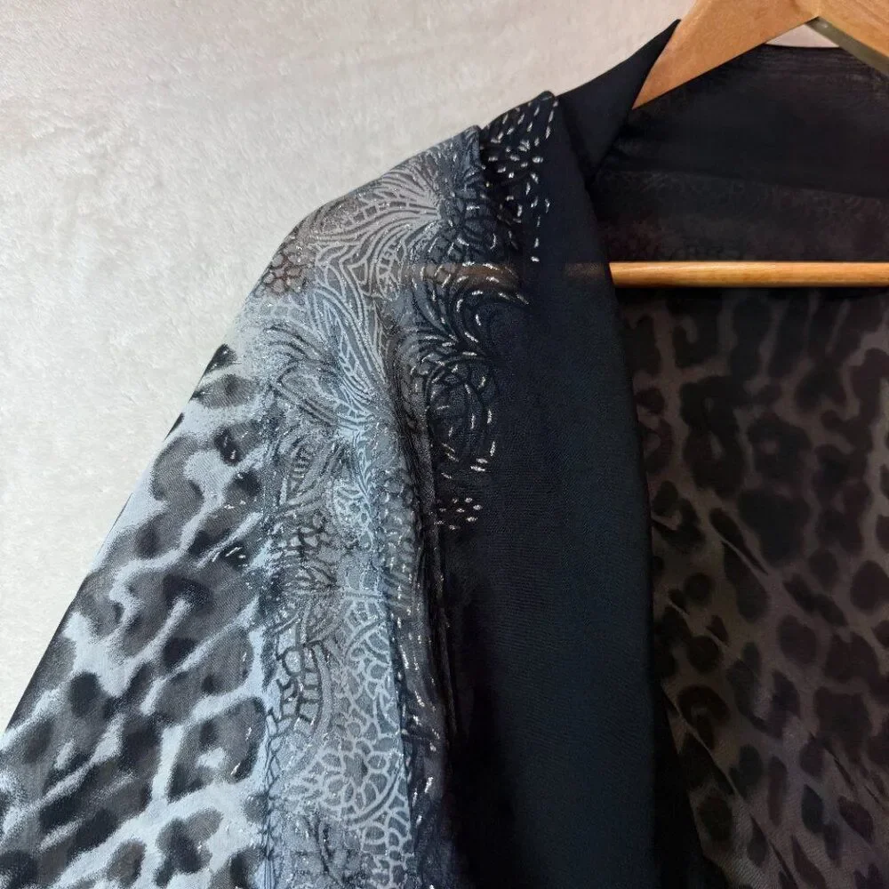 Sheer Leopard Print Kimono Cardigan Open Front Black Gray Layered Flowy OSFM